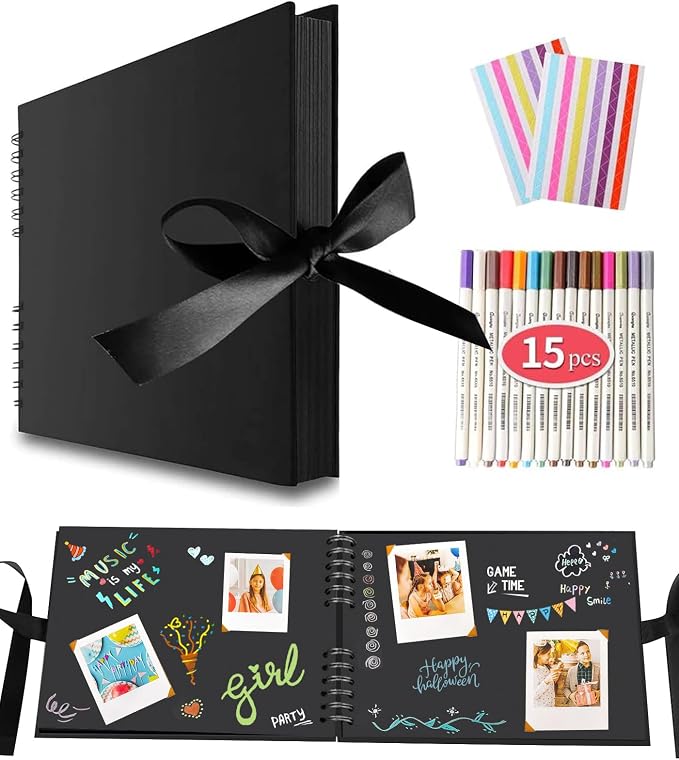 EVNEED 11.5 x 8.5 Inch Scrapbook Photo Album,Wedding Guest Book Anniversary Memory Scrapbooking,Wedding Photo Album with DIY Accessories Kit for Craft Paper DIY,80 Pages (40 Sheets),Black