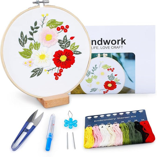 BERYA Embroidery Kit for Beginners, Flowers and Leaves Embroidery Practice Kit, Hand Floral Embroidery Starter Kit for Adults with Video Step by Step Instructions, Hoops, Threads and Needles (BEF011)