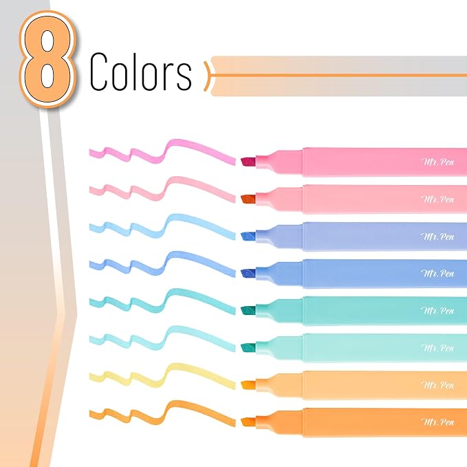 Mr. Pen- Aesthetic Highlighters No Bleed, 8 Pack, Assorted Colors | Chisel Tip, Cute Highlighters Assorted Colors for Journaling, Highlighting, Underlining, Fast Dry, Back to School Supplies