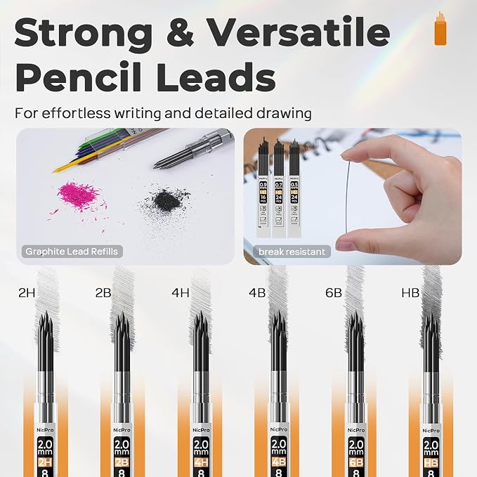 Nicpro 37PCS Art Drawing Supplies Kit | Metal Mechanical Pencil Set 0.5, 0.7, 0.9 & 2mm, 100 Sheets 9x12 Sketch Book, 288PCS Leads, School Supplies Drawing Kit