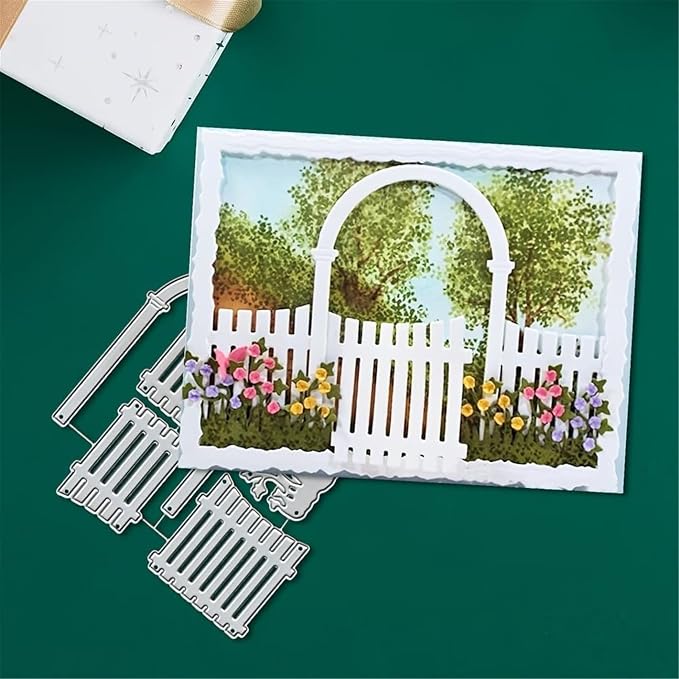 Scrapbooking Die-Cuts, Happy Birthday Ballon Metal Cutting Dies for Card Making, Paper Craft Template, Background Embossing Stencils, DIY Album Décor (Fence and flower-11.3x11cm)