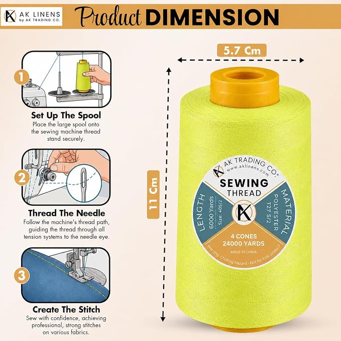 AK Trading 4-Pack NEON Yellow All Purpose Sewing Thread Cones (6000 Yards Each) of High Tensile Polyester Thread Spools for Sewing, Quilting, Serger Machines, Overlock, Merrow & Embroidery.