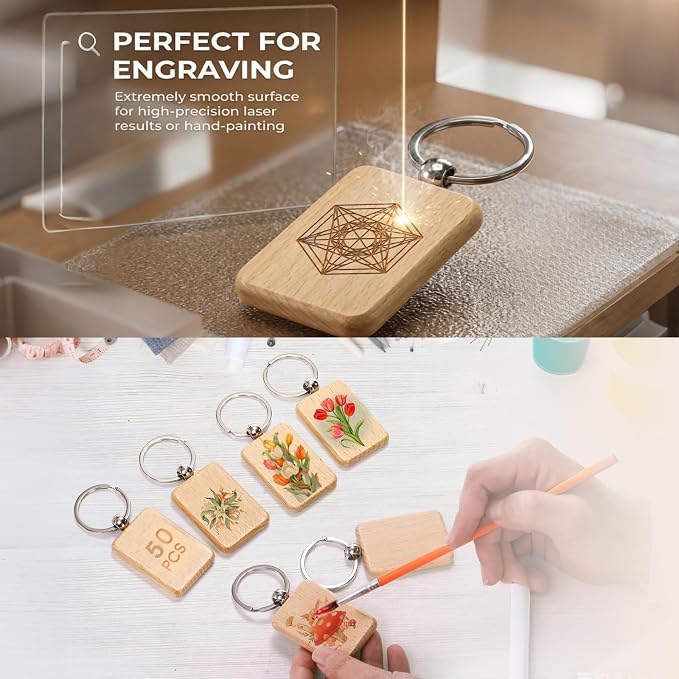 WRINGKIT 50 Pieces Wood Keychain Blank, Rectangular | Unfinished Laser Engraving Blanks with Key Rings, Keychain Ring Tag Wood Sign Bulk for DIY Crafts, Pet Gift Tags