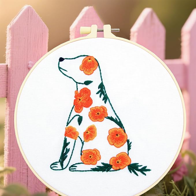 Crafmanoe Flowers Dog Embroidery Kits for Beginners Adults, Hand Embroidery Starter Kits, Stamped Cross Stitch Kits DIY Needlepoint Kit for Beginners Adults, Embroidery Hoop, Thread and Video Tutorial