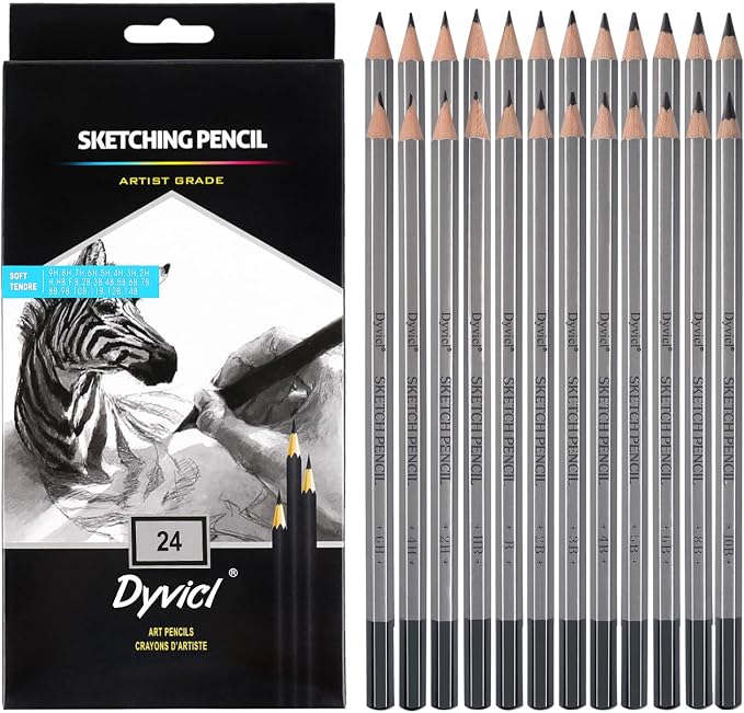 Dyvicl Professional Drawing Sketching Pencil Set - 24 Pieces Drawing Pencils 14B, 12B, 11B, 10B, 9B, 8B, 7B, 6B, 5B, 4B, 3B, 2B, B, HB, F, H, 2H, 3H, 4H, 5H, 6H, 7H, 8H, 9H Graphite Pencils