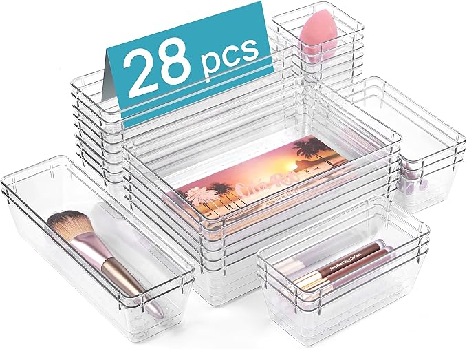 Vtopmart 28 Pack Clear Drawer Organizer Bins, 4 Sizes Storage Trays | Clear Storage Bins for Makeup, Bathroom, Kitchen & Office Drawers, Multi-Size Organizers Keep Toiletries, Tools & Essentials