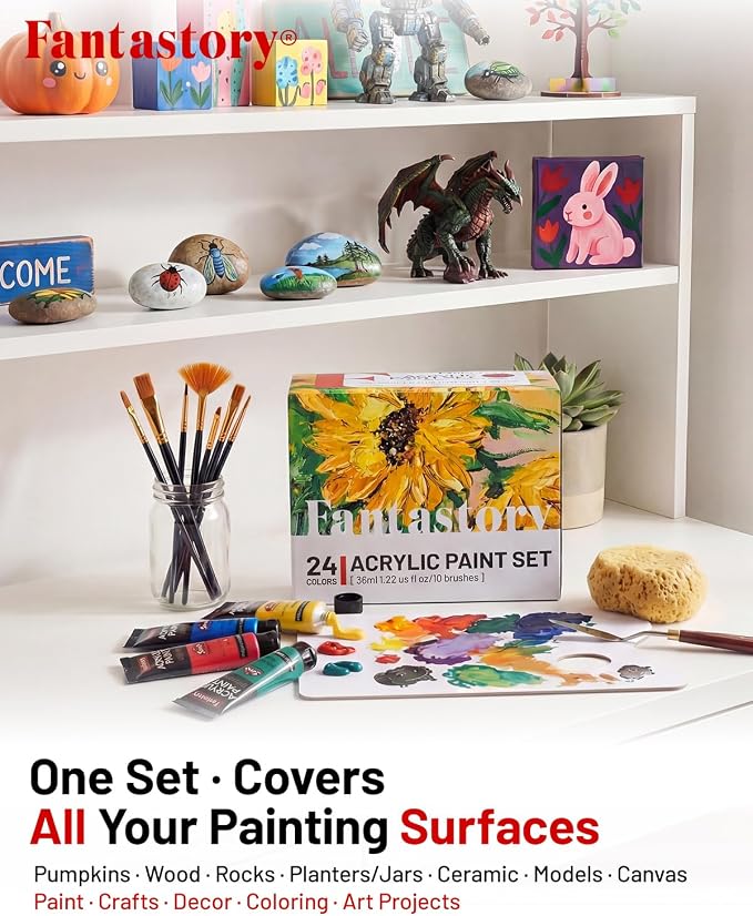 Fantastory 36ml 24 Colors Acrylic Paint Set with 10 Brushes | Excellent Coverage, High Light Fastness, Waterproof, Includes Extra White & Gold, for Canvas, Wood, Ceramics, Models