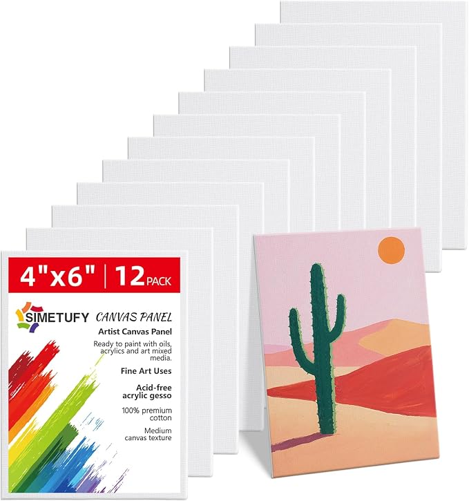 Simetufy 4 x 6 inch 12 Pack Small Painting Canvas Boards- Gesso Primed | Acid-Free 100% Cotton Mini Canvas Panels for Acrylics Oil Watercolor Tempera Paints