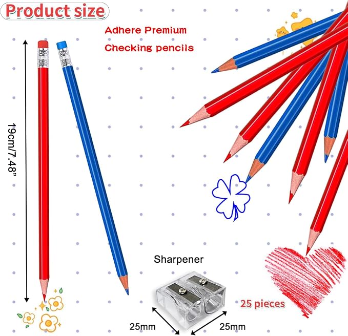 Adhere 25pcs Checking Pencils Erasable colored Pencils Pre-Sharpened #2 HB,for Checking Tests Grading,Map Coloring, editing Office Favors,including a Free sharpener. (Red 13pcs + Blue 12pcs)