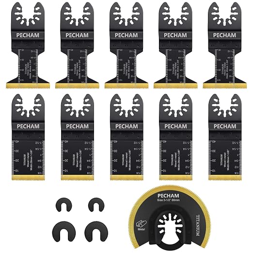 PECHAM 11PCS Titanium Oscillating Tool Blades, Universal Oscillating Multitool Blades Metal Cutting Quick Release for Hard Material Metal Nails Wood Plastic fit More Oscillating Tools