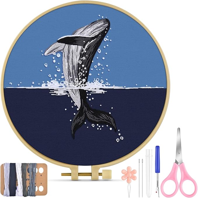 TINDTOP Embroidery Kit for Beginners Adult, Whale Embroidery Practice Kit | Include Embroidery Cloth Hoops Threads for Craft Lover Hand Stitch with Embroidery Skill Techniques