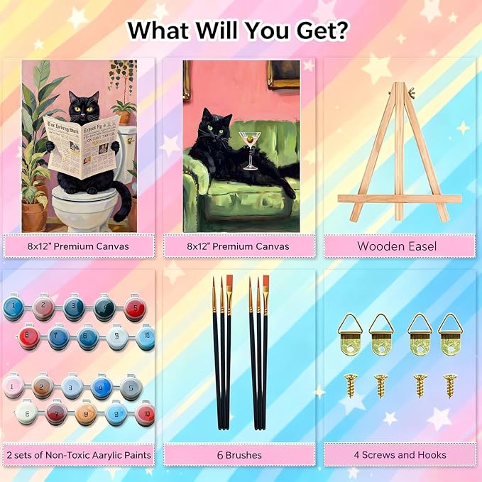 2 Pack Black Cat Framed Paint by Numbers Kit for Adults Beginner 8x12 inch | Black Cat Adult Paint by Number Kits on Canvas with Wooden Easel, Easy Acrylic Oil Painting Kits for Adults for Home Decor