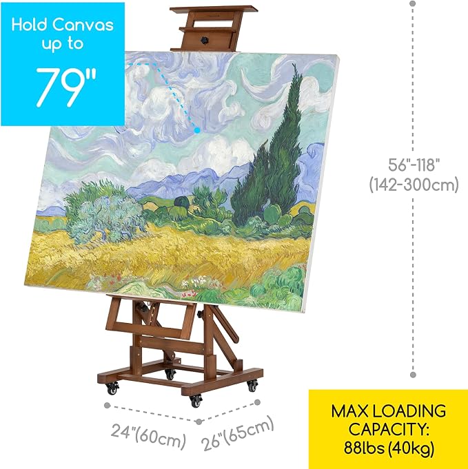 MEEDEN Extra-Large Art Painting Easel: Holds Canvas Up to 79" for Studio | Solid Beech Wood Artist Easel, Professional Heavy-Duty Easel for Adults, Movable H Frame Floor Easel for Painting, Walnut