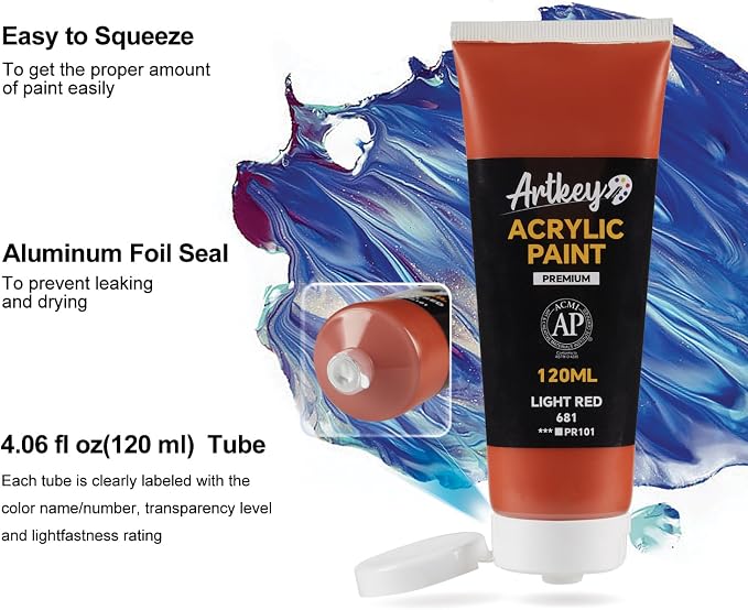 Artkey Acrylic Paint - Light Red (120 ml/4.06 oz) Tubes, Rich & Vibrant Pigments, Professional Artists Acrylic Paints - Art Supplies for Canvas Wood Rock Clay Fabric Ceramics Art Crafts Painting