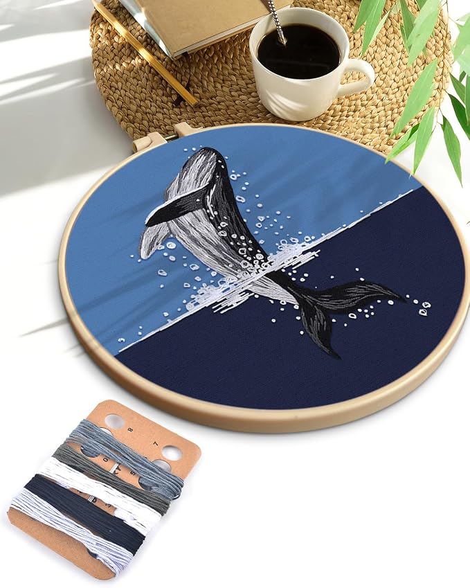 TINDTOP Embroidery Kit for Beginners Adult, Whale Embroidery Practice Kit | Include Embroidery Cloth Hoops Threads for Craft Lover Hand Stitch with Embroidery Skill Techniques