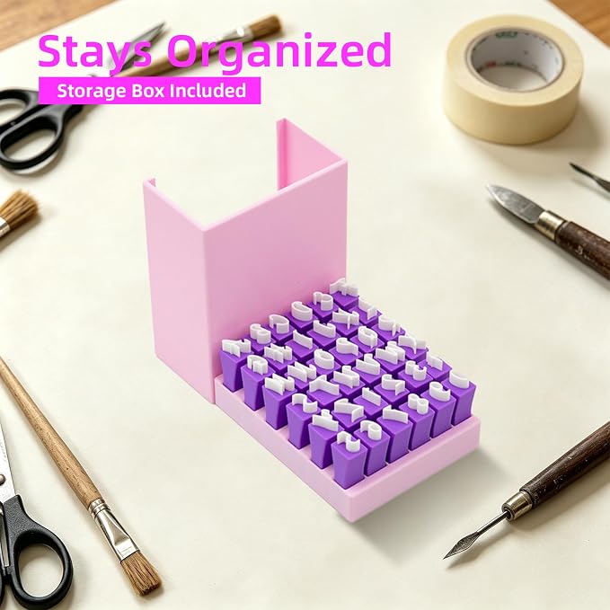Purple Alphabet Stamps for Clay – 36 Pcs (Uppercase Letters & Numbers 0-9 Set), Essential Clay Letter Stamps for Pottery, Ceramics, Concrete, DIY Craft Tools with Storage Box