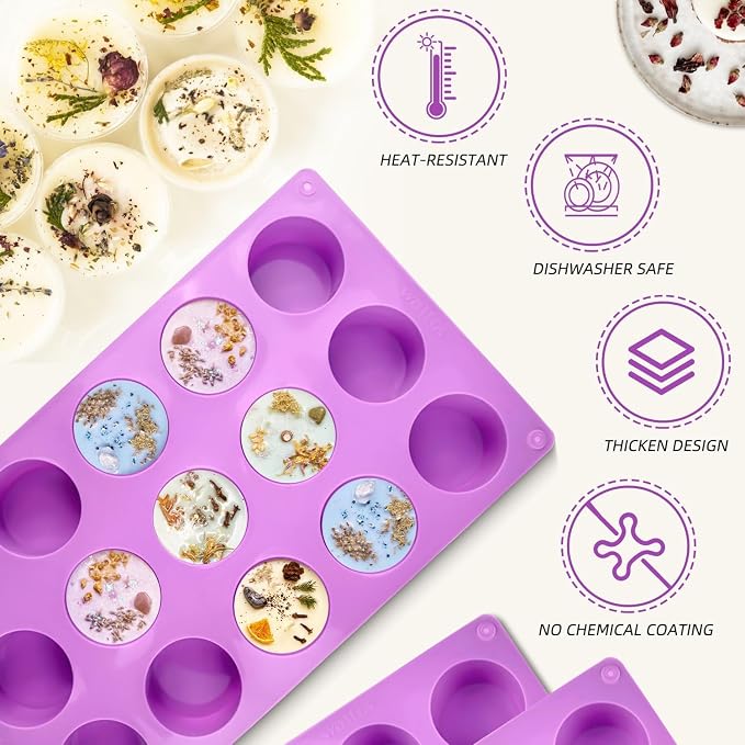 Walfos 3 Pack Small Soap Molds,15 Cavity Mini Round Silicone Molds,1.5inch Cylinder Silicone Soap Molds Perfect for Soap Making.Non-Stick BPA Free and Dishwasher Safe
