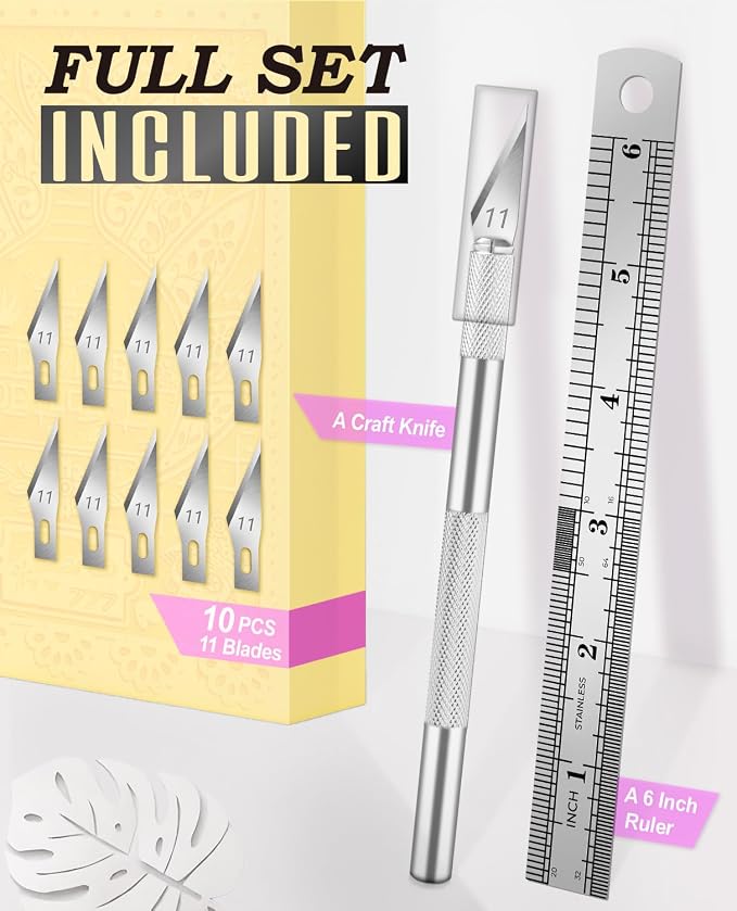 1 Pcs Craft Knife Hobby Knife with 11 Pcs Stainless Steel Blades Kit, 1pcs Steel 15MM Ruler for Art, Scrapbooking,Stencil | Precision Hobby Knife with Exacto Knife Blades, Hobby Knife Set for Art, Scrapbooking & Stencils, Silver