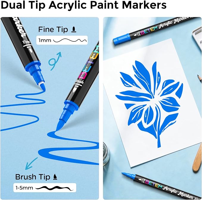 Betem 2 Blue Paint Markers for Glass, Dual Tip Acrylic Paint Pens | Window, Fabric, Wood, Rock, Canvas, Acrylic Markers with Fine & Brush Tip, Art & Craft Supplies, Wine Glass Markers