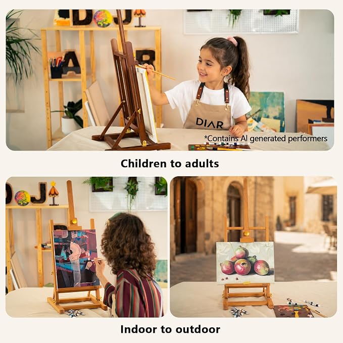 DJAR H- Frame Tabletop Painting Easel, Adjustable Solid Beech Wood Desktop Art Easel, Hold Canvas Up to 27.5", Assembly-Free Art Stand for Artist, Student, Natural