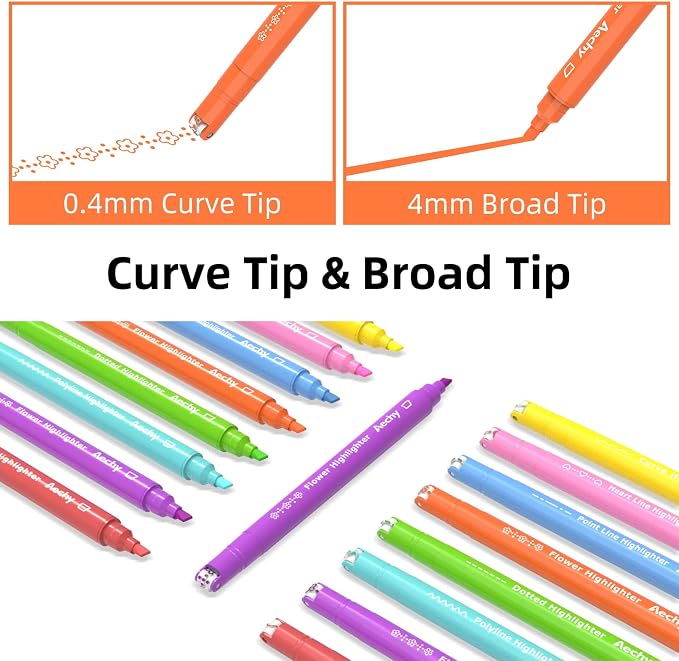 AECHY Dual Tip Curve Highlighter Pens,6 Pattern Roller & 8 Chisel Tip Pens