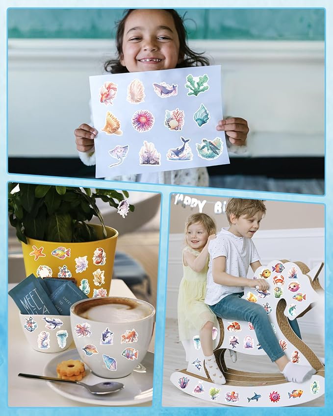AOWDIAO 100 Pcs Ocean Stickers Cute Sea Creature Vinyl Stickers Gifts for Kids Party Crafts Favors Ocean Animal Stickers for Water Bottles Laptop Decor