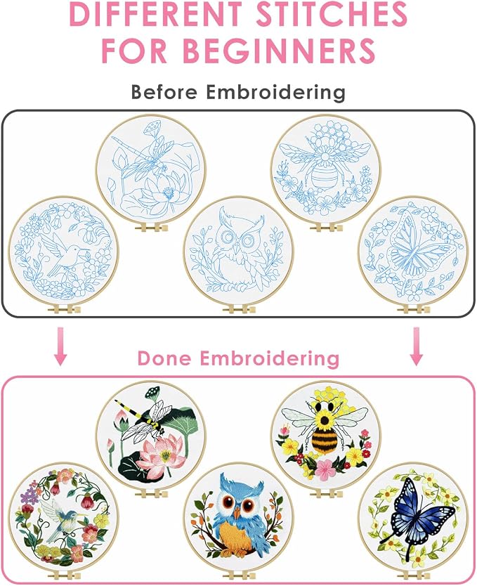 TINDTOP 5 Sets Embroidery Kit for Beginners Adult, Embroidery Kit for Beginners Include Embroidery Cloth Hoops Threads for Craft Lover Hand Stitch with Embroidery Skill Techniques | Include Embroidery Cloth Hoops Threads for Craft Lover Hand Stitch wit...