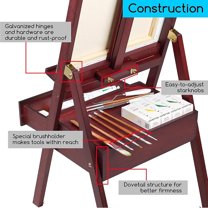 MEEDEN Studio H-Frame Easel with Art Supply Storage Drawer - Adjustable (60"~75") Wood Easel Stand for Artists, Adults and Students, Holds Canvas Art up to 35" - Deep Walnut