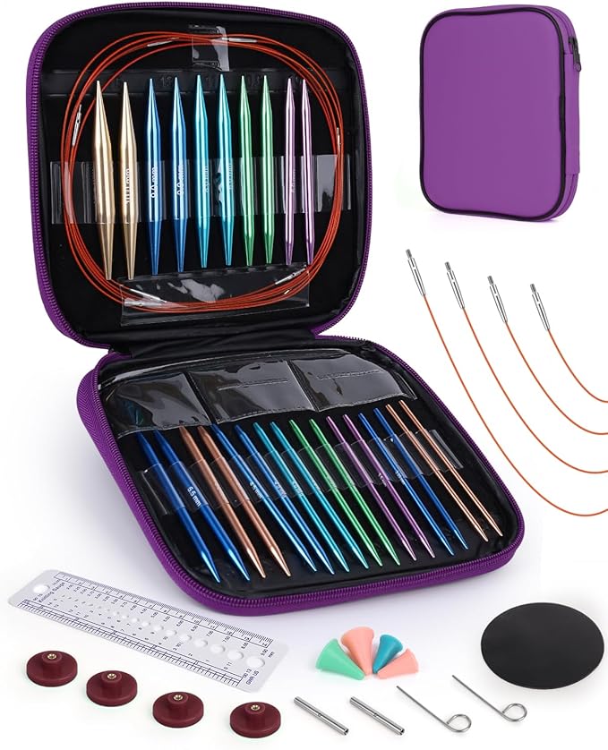 Aeelike 13 Pair Interchangeable Circular Knitting Needles 3-10 mm, Purple | Aluminum Interchangeable Knitting Needles with 4 Cables, Smooth Complete Needles Set for Socks Blankets Sweaters, Ideal Gift