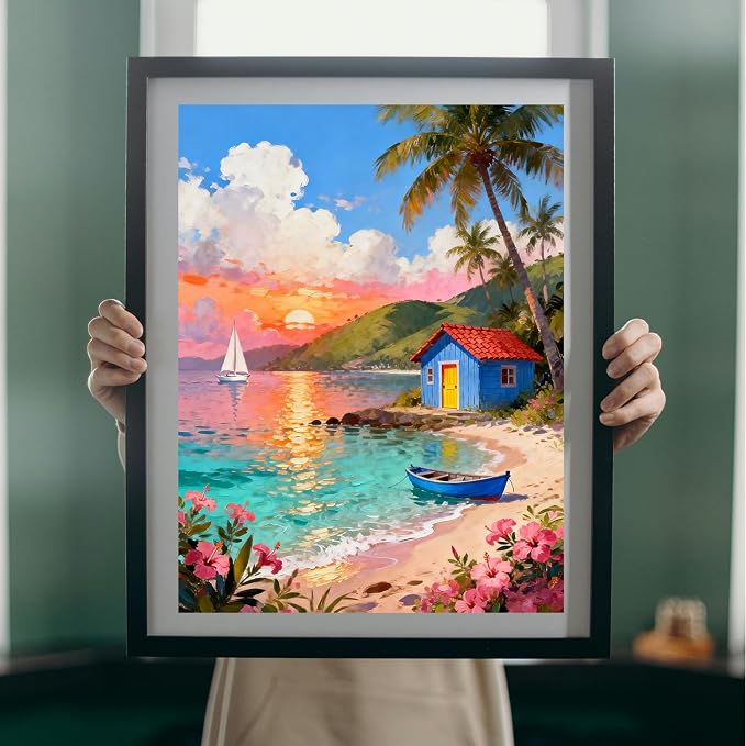 MIRCVSH Scenery Paint by Numbers Kit for Adults Beginner,Beach Cottage Landscape Paint by Number Kits on Canvas,DIY Unframed Acrylic Watercolor Painting by Number for Home Decor Gift 16x20 Inch.