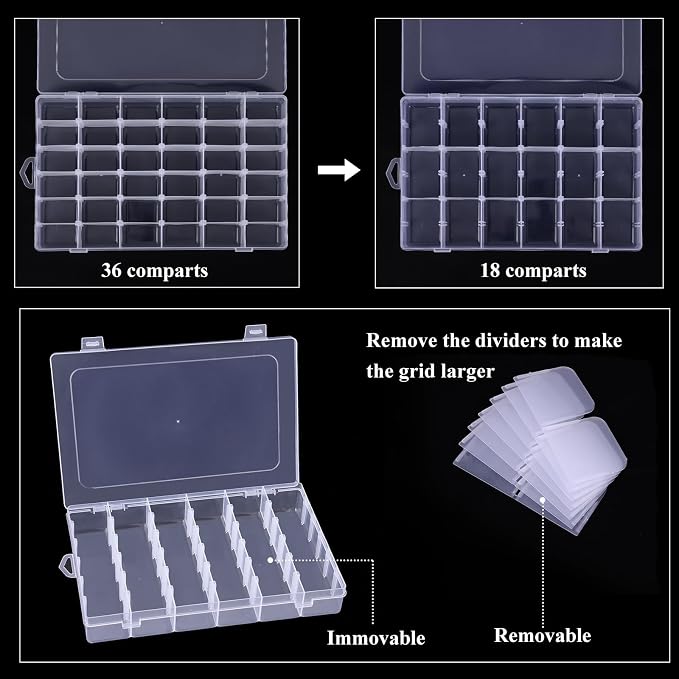 Bead Organizer Storage 4 Pack 36 Grid Jewelry Tackle Craft Box Adjustable | Clear Plastic, Adjustable Dividers, Label Stickers Included, for Beads Jewelry Crafts Fishing Tackle and Small Parts