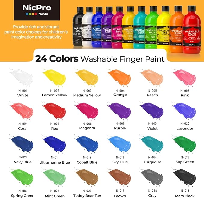 Nicpro 24 Colors Large Washable Paint Set for Kid (8.45oz), Acrylic Bulk | Paint Supplies Non Toxic Tempera Paint for Art, Craft DIY, Poster & Finger Paint, School, Home, Teacher Classroom Must Haves