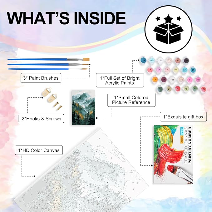 Yezavesu Framed Paint by Numbers Kit for Adults Beginner & Kids Ages 8-12, Mountain Paint by Numbers with Frame, DIY Number Painting for Adults Watercolor Forest for Home Wall Decor Gift 8X 12 inch | For Adults Beginner & Kids Ages 8-12, With Frame Can...