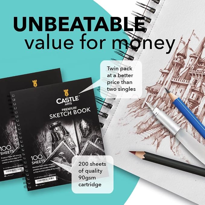Castle Art Supplies Sketchbook 9 x 12in for Artists - Double Pack Sketchpad | 200 sheets of quality 90gsm paper, spiral bound for versatility - for adult artists, students, and learners alike