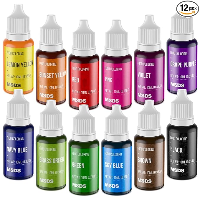 Food Coloring Set - 12 Color Food Grade Vibrant Food Dye Tasteless Liquid Color for Cake Decorating, Baking, Easter Egg, Icing, Fondant, Cooking, Slime Making DIY Supplies Kit - 0.35 Fl. oz (10 ml)/Bottles