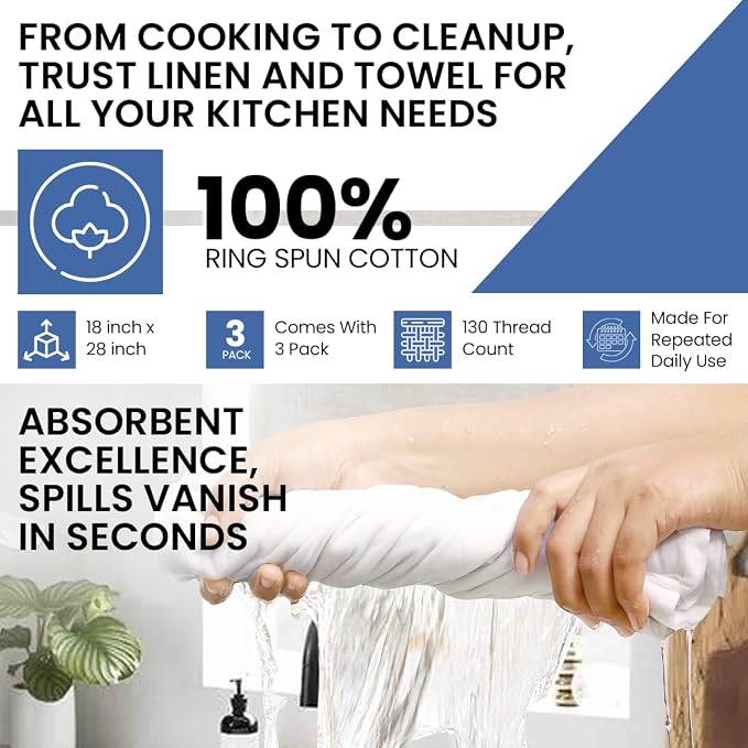 LITO LINEN AND TOWEL Flour Sack Tea Towels for Kitchen, 100% Cotton White Tea Towel & Dish Towels for Embroidery, Crafts, Cleaning & Baking, 18 x 28 Inch, Pack of 3