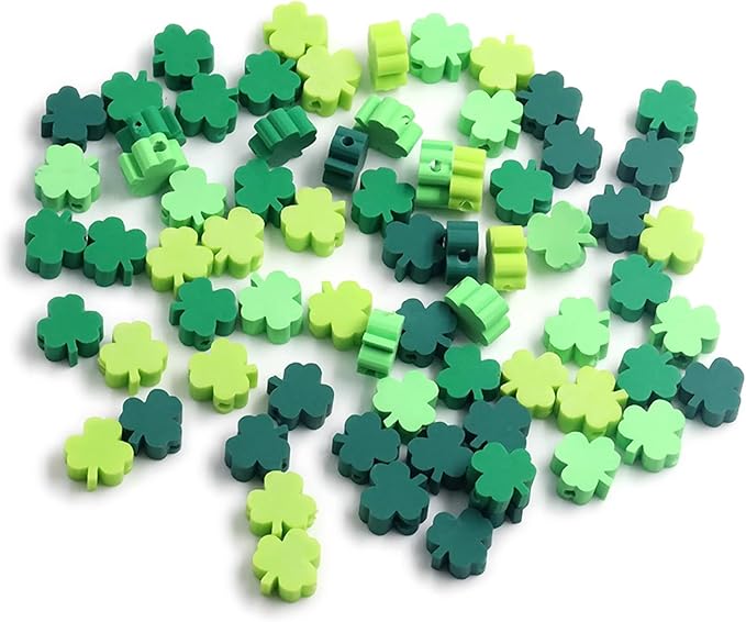 100 Pcs St. Patrick's Day Polymer Clay Beads Mixed Heishi Spacer Bead Charms Supplies for DIY Bracelet Earring Necklace Jewelry Making (Clover)