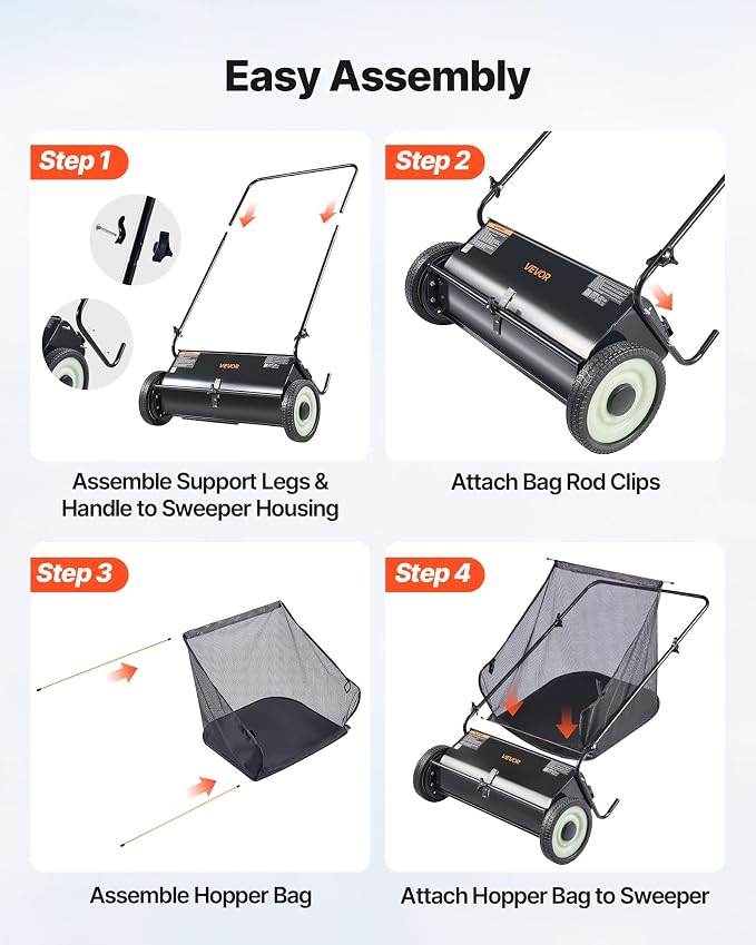 VEVOR Push Lawn Sweeper 26 Inch Leaf & Grass Collector Strong Rubber Wheels