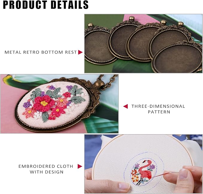 ZOCONE 6 Packs Embroidery Necklace Kit, Embroidery Pendant Kit Mini Cross Stitch Kit with 4 Hoops, Necklace, Pendant, Stamped Pattern Cloth, Instructions, etc., Embroidery Kit for Adults