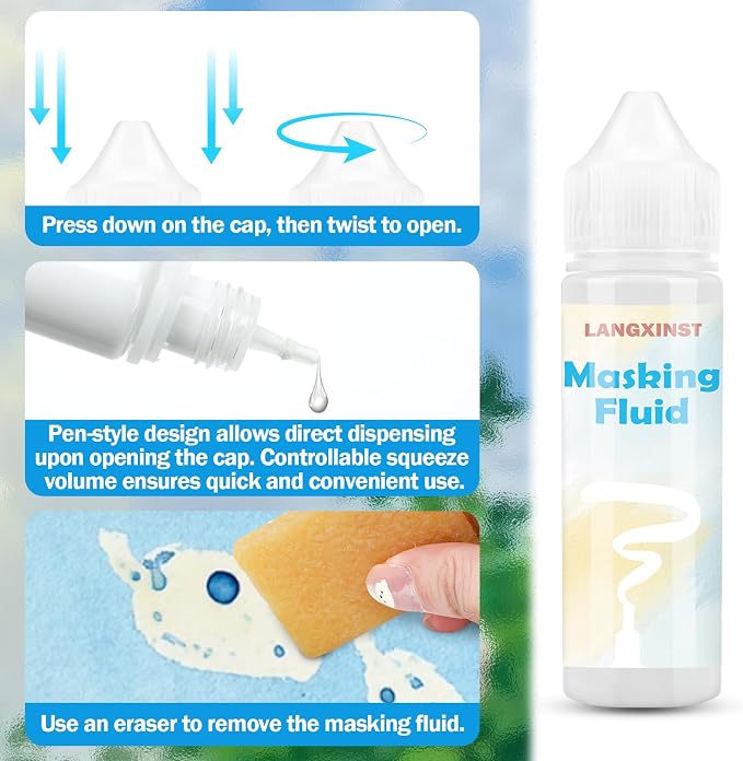 30ml White Masking Fluid for Watercolor Painting with Brushes and Eraser | Easy-peel masking fluid preserves clean white areas and sharp edges; includes two brushes and an eraser.