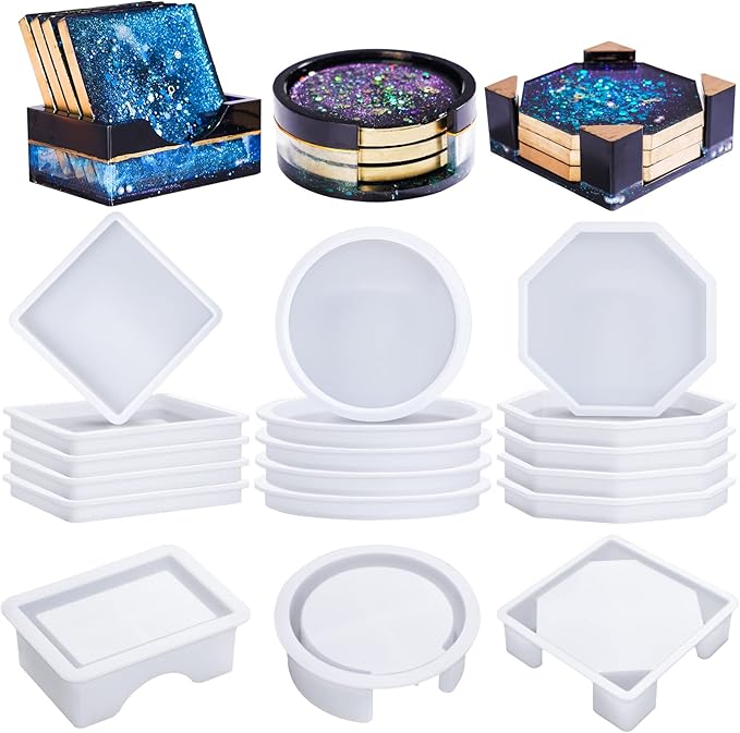 LET'S RESIN 18 Pcs Coaster Resin Molds Silicone, Coaster Molds | with Round Square Octagon Shape Holder Molds for Epoxy Resin, DIY Art Craft Cup Mats