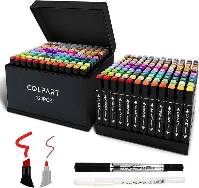 colpart 120 Colors Alcohol Markers Set, Dual Tip Art Markers with Case | Dual Tip Alcohol Markers for Kids & Adults, Includes Case and Pen Holder, Ideal for Coloring, Sketching, Drawing