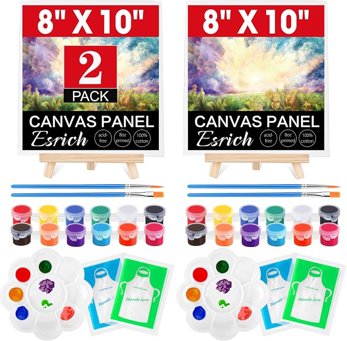 ESRICH 2 Pack 8x10 Canvas and Easel Set, Mini Acrylic Paint, Paint Brushes, Palettes, Aprons, Sip and Paint Kits for Adults Couples Friends Date Night Painting Party Supplies