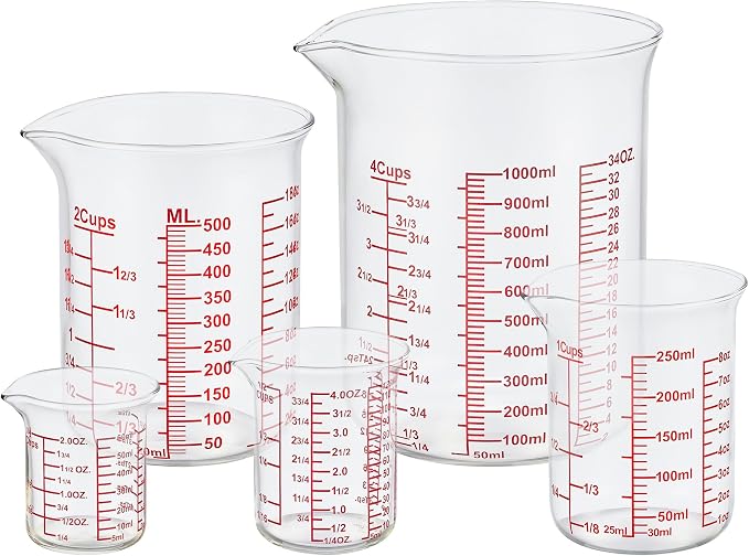 Ackers High Borosilicate Glass Measuring Cup Set with Pour Spout,60ml(2OZ),120ml(4OZ), 250ml(8OZ), 500ml(16OZ), 1000ml(32OZ) Glass Measuring Beaker for Kitchen or Restaurant, Easy to Read