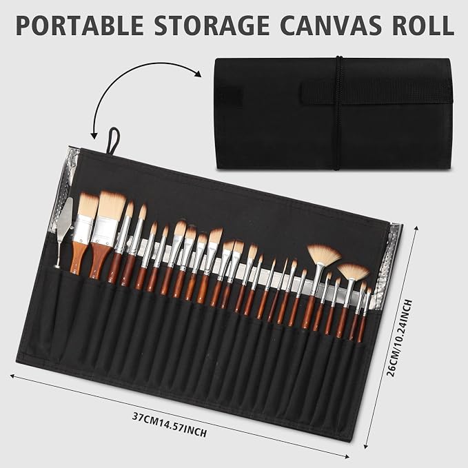 25 PCS Paint Brush Set for Acrylic, Oil & Watercolor, Artist Brush Kit with Flat, Filbert, Fan, Round, Liner, Dagger & Angle Brushes, Synthetic Bristles, Roll-Up Case