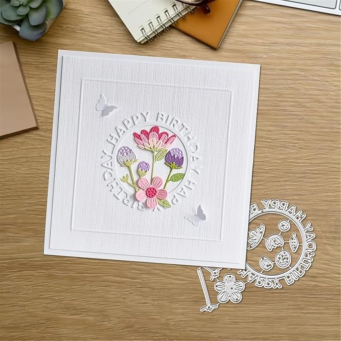 Scrapbooking Die-Cuts, Happy Birthday Ballon Metal Cutting Dies for Card Making, Paper Craft Template, Background Embossing Stencils, DIY Album Décor (Circle Happy Birthday Flower-11x7.8cm)