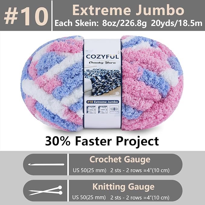 Cozyful Chunky Yarn for Hand Knitting - #10 Chunky Chenille Blanket Yarn, Jumbo Big Thick Chunky Yarns for Crocheting, Tie Dye Bulky Knit Yarns, 8 Skein (20 yds 8 oz Each Skein), Blue & Pink & White