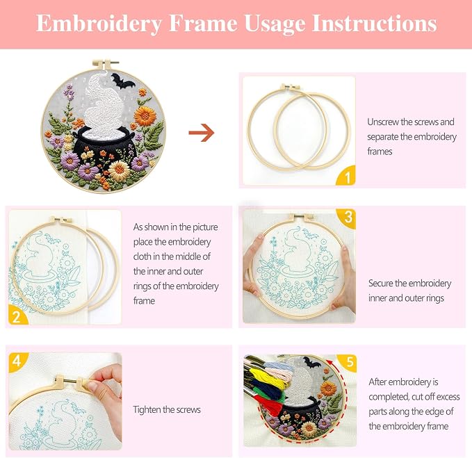 Zhenqing 4-Piece Halloween Embroidery Kit for Beginners - Spooky Ghost, Witch Hat, Black Cat & Cauldron Designs with Pre-Printed 29x29cm Cotton Fabric, Hoop, Threads & Tools(C0165)