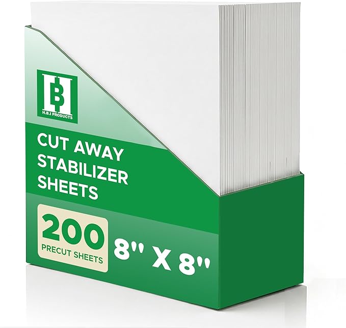 HBI Cut Away Embroidery Stabilizer Sheets, 8 x 8 in, 200 Pack | 2.5 oz precut cutaway backing, 4x4 hoops, knit and stretch fabrics, prevents puckering, machine embroidery, USA made