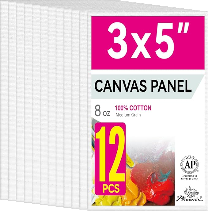 PHOENIX Small Painting Canvas Panels 3x5 Inch, 12 Value Pack - 8 Oz Triple Primed 100% Cotton Acid Free Canvas Boards for Painting, White Blank Flat Canvas Boards for Acrylic, Oil Paints